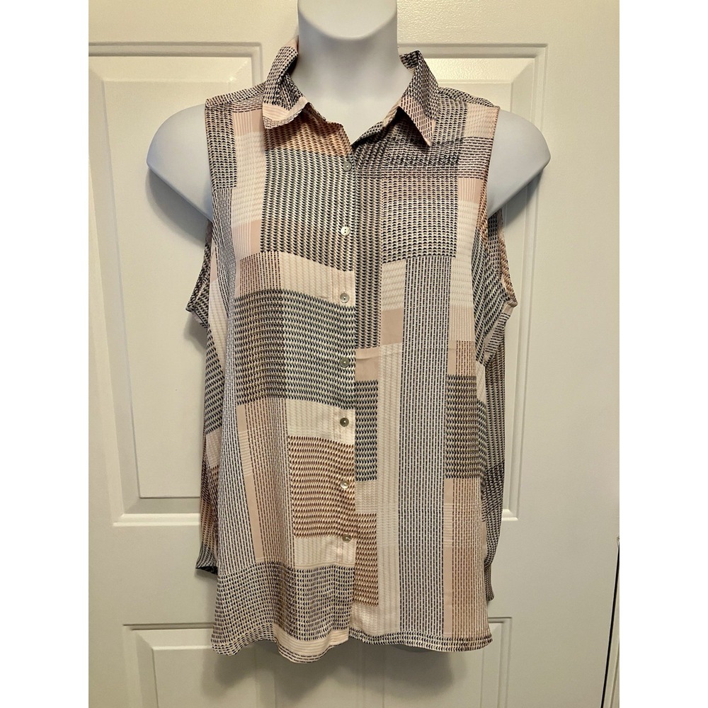 NWT Rose + Olive Top Women's 1X Color Block Pink Black Sleeveless Button Up